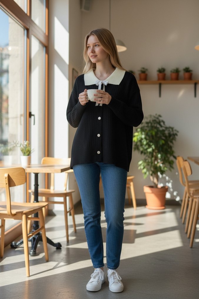 Siyah , Düğmeli Yakalı fiyonklu  Kadın Kazak - Görsel 3