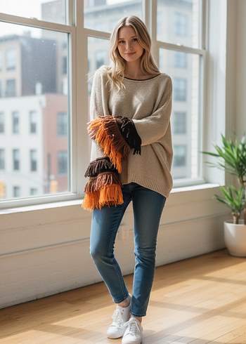 Püsküllü Bohem Kadın Kazak - Görsel 5