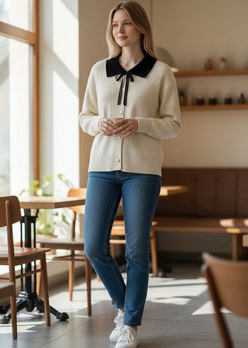 Siyah Yakalı Beyaz Örgü Kadın Kazak - Görsel 3