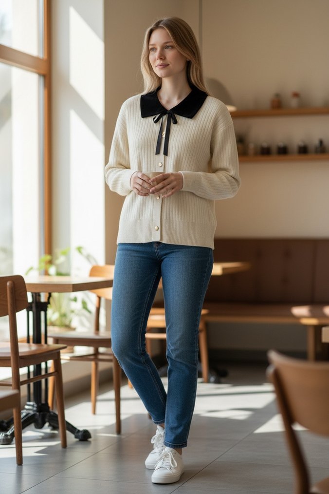 Siyah Yakalı Beyaz Örgü Kadın Kazak - Görsel 3