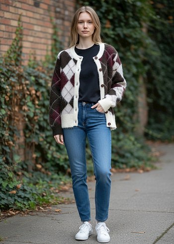 Bordo Ekose Desenli Kız Hırka - Görsel 3