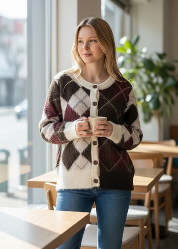 Bordo Ekose Desenli Kız Hırka - Görsel 2