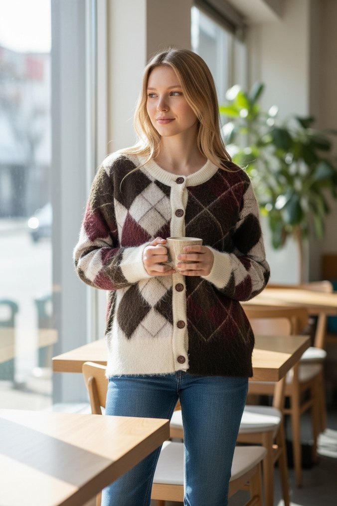 Bordo Ekose Desenli Kız Hırka - Görsel 2