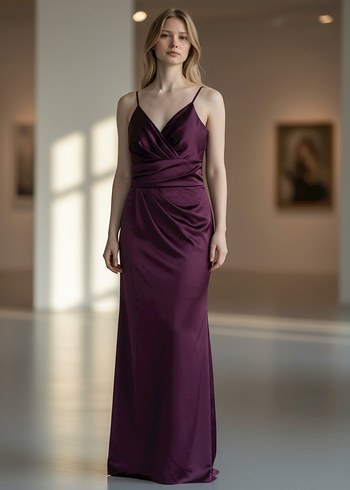 Bordo Drapeli Uzun Abiye Elbise - Görsel 3