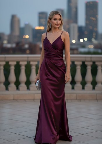 Bordo Drapeli Uzun Abiye Elbise - Görsel 4