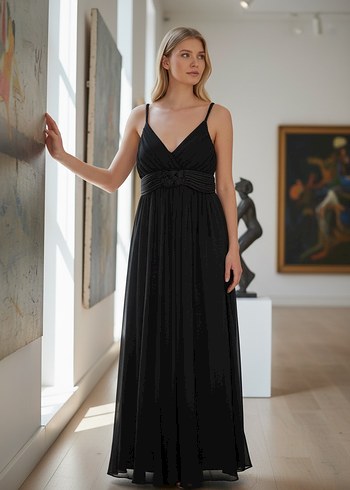 Siyah Uzun Drapeli Strappy Abiye Elbise - Görsel 5