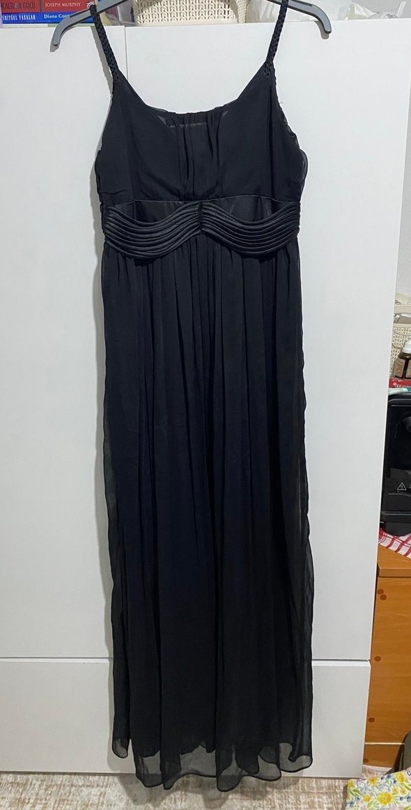 Siyah Uzun Drapeli Strappy Abiye Elbise - Görsel 2