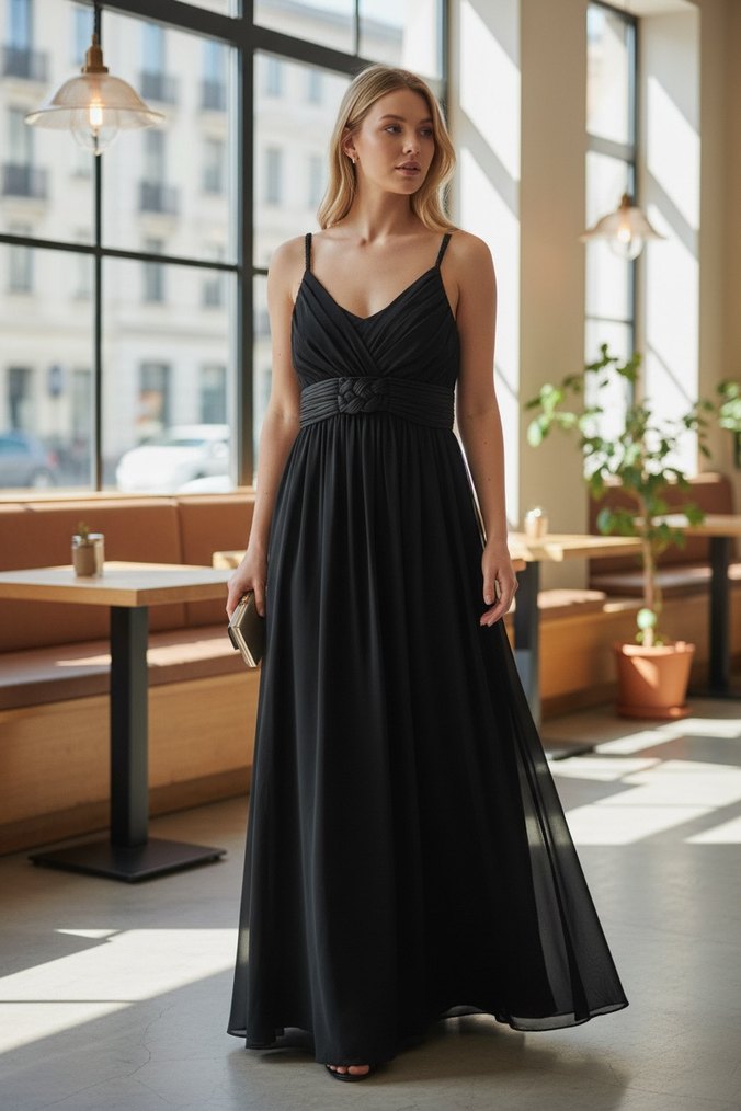 Siyah Uzun Drapeli Strappy Abiye Elbise - Görsel 4
