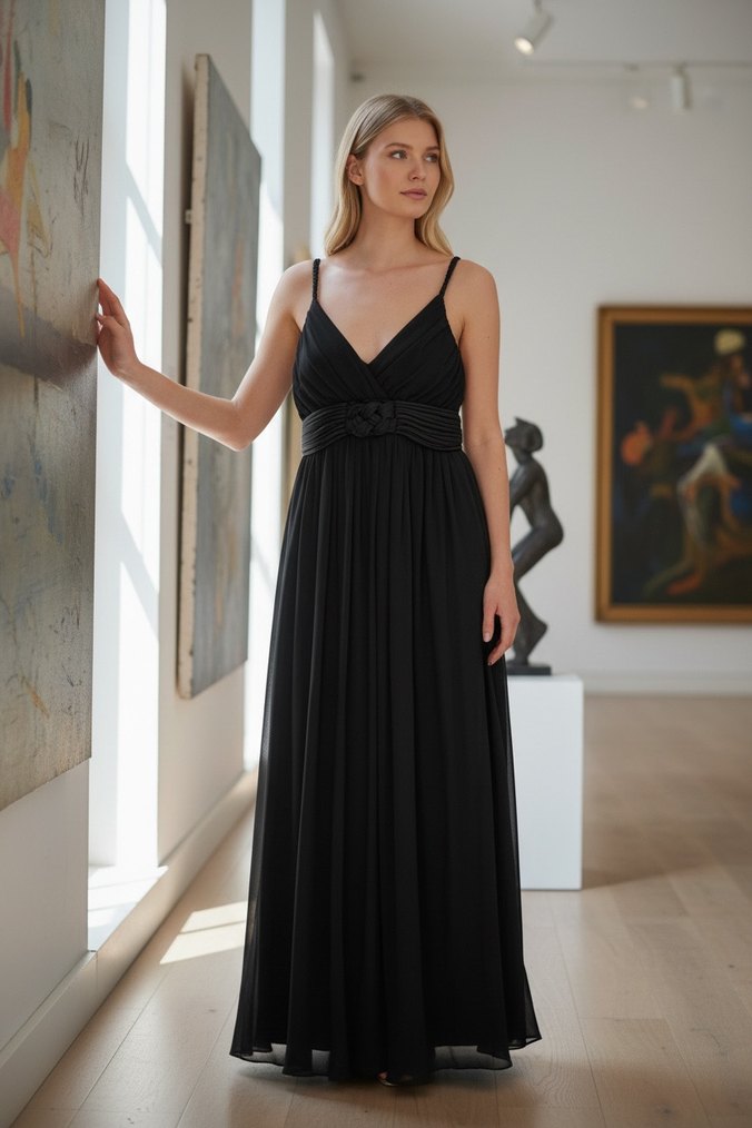 Siyah Uzun Drapeli Strappy Abiye Elbise - Görsel 5