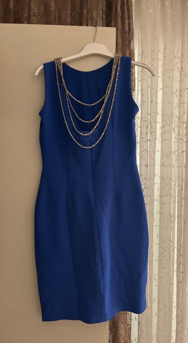 Mavi  Midi Elbise Yüksek Yakalı - Görsel 2