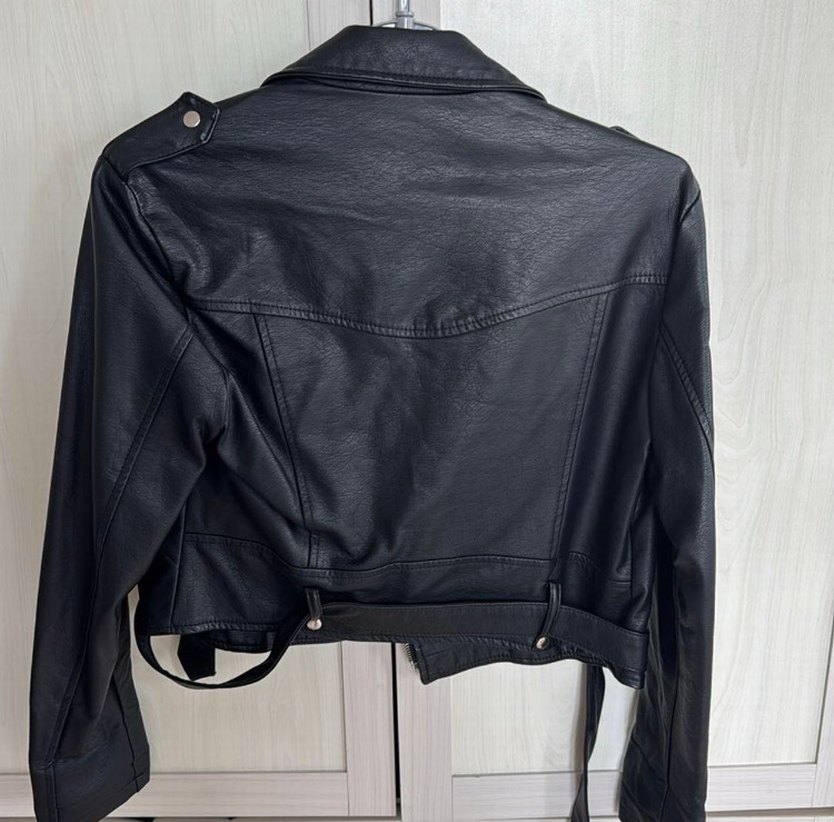 Kadın Siyah Biker Deri Ceket Kemerli - Görsel 2