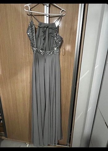 Uzun Gri Drapeli Abiye Elbise - Görsel 4