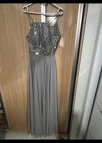 Uzun Gri Drapeli Abiye Elbise - Görsel 2