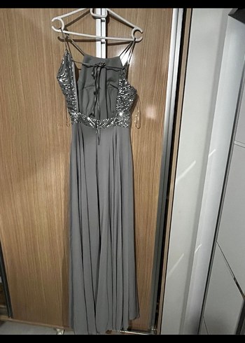 Uzun Gri Drapeli Abiye Elbise - Görsel 3