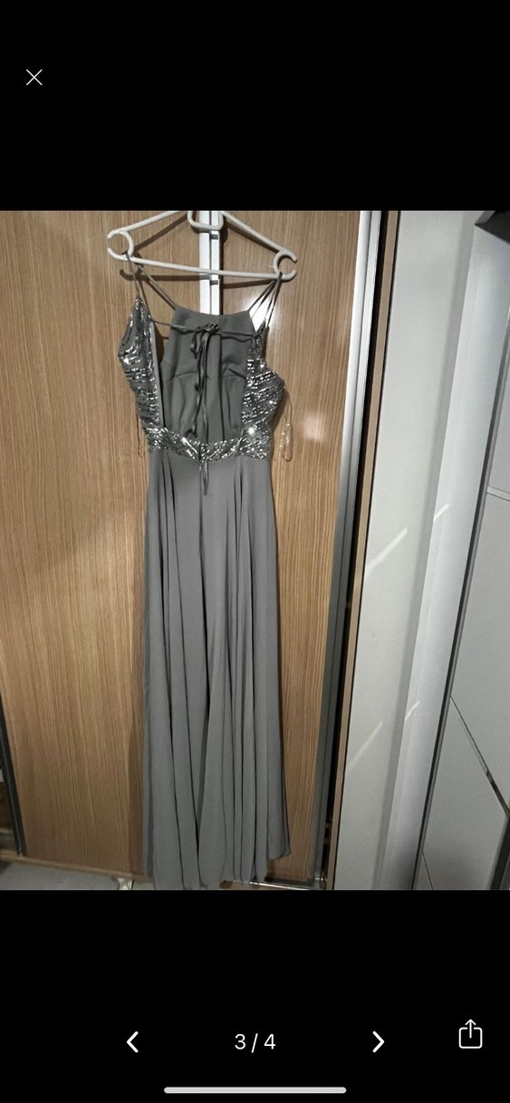 Uzun Gri Drapeli Abiye Elbise - Görsel 3