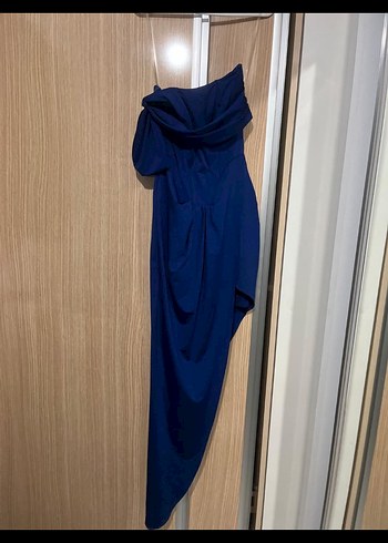 Kadın Mavi Drapeli Uzun Straplez Abiye Elbise - Görsel 3