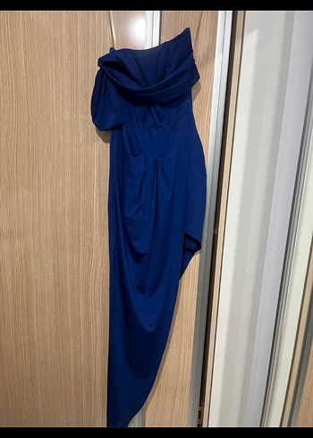 Kadın Mavi Drapeli Uzun Straplez Abiye Elbise - Görsel 2