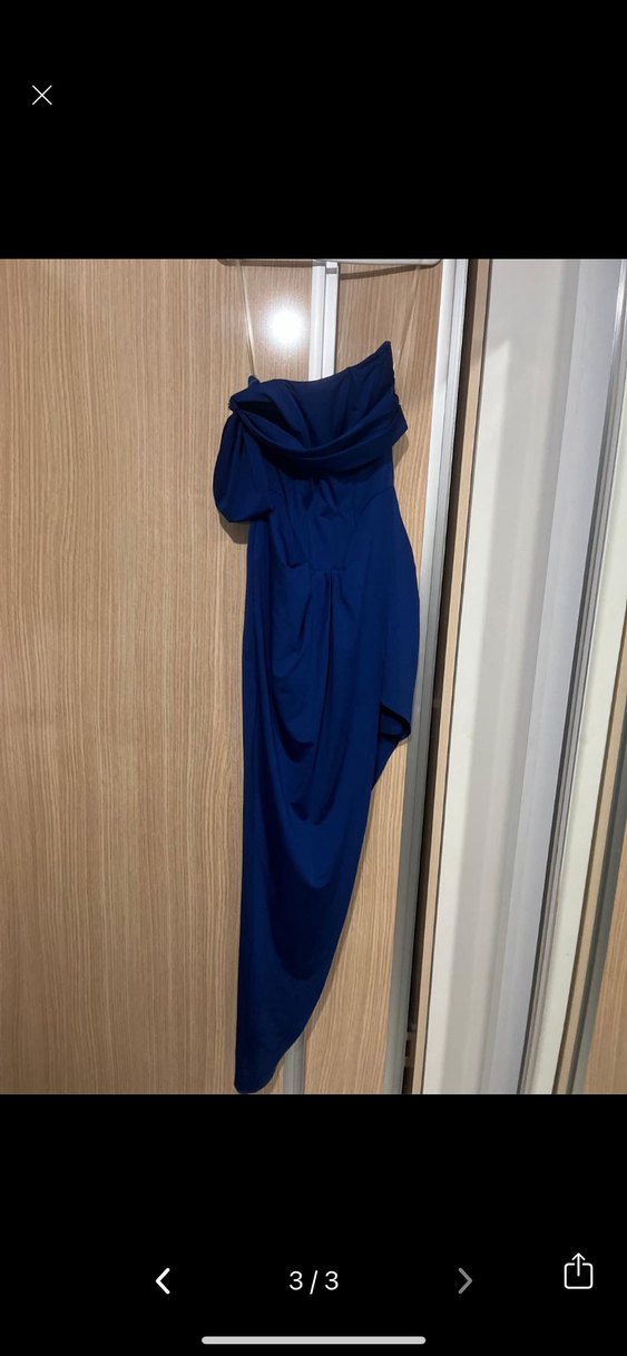 Kadın Mavi Drapeli Uzun Straplez Abiye Elbise - Görsel 3