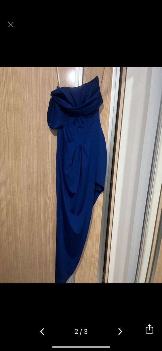 Kadın Mavi Drapeli Uzun Straplez Abiye Elbise - Görsel 2