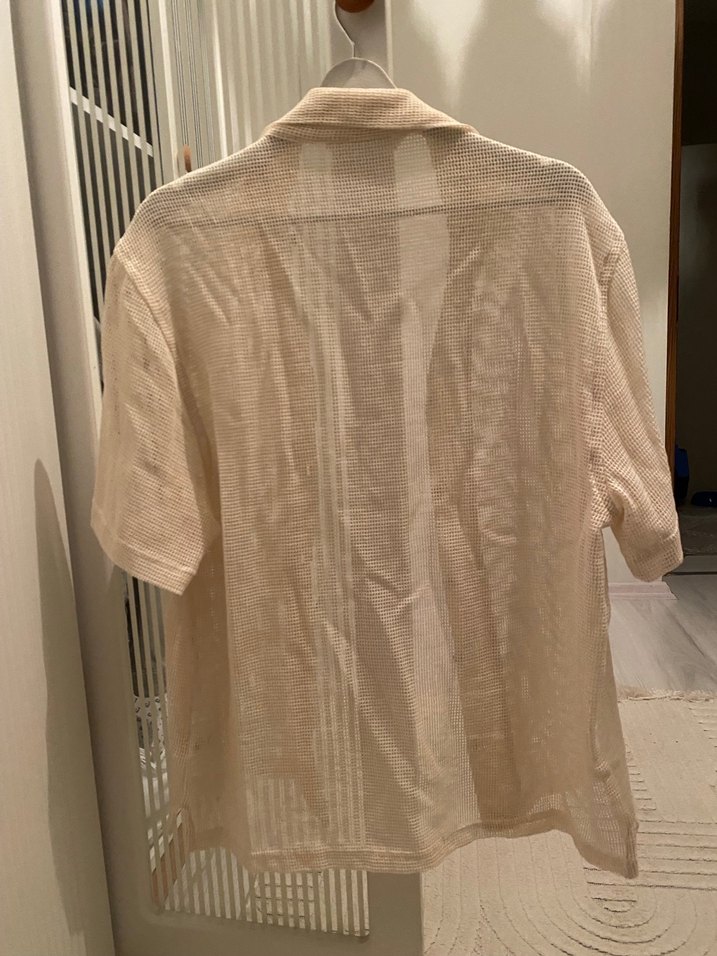 Bej Transparan Kısa Kollu Keten Erkek Gömlek - Görsel 2