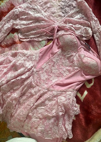 Dantel Detaylı  Straplez Mini Pembe Elbise - Görsel 4