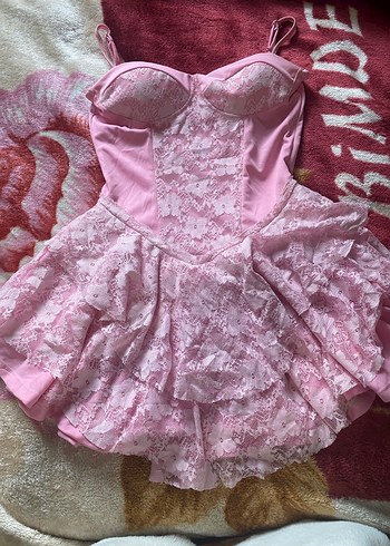 Dantel Detaylı  Straplez Mini Pembe Elbise - Görsel 3