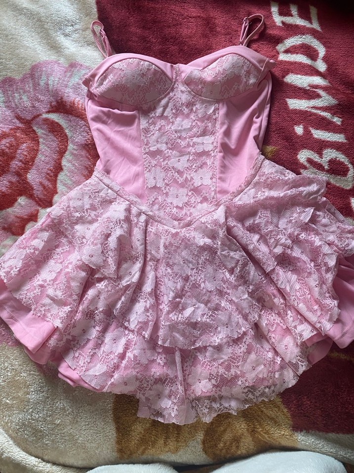 Dantel Detaylı  Straplez Mini Pembe Elbise - Görsel 3