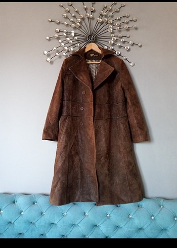 Düğmeli Kahverengi Kadın Süet Uzun Kaban - Görsel 3