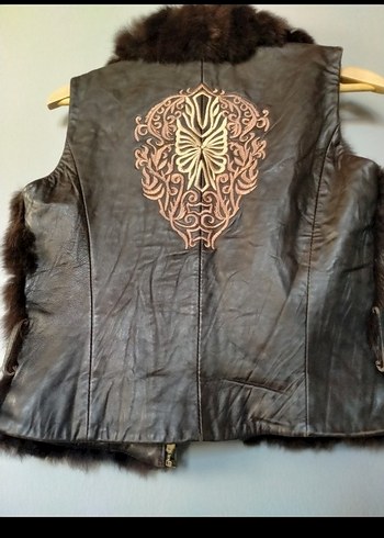 Kahverengi Deri Kürklü Biker Yelek - Görsel 2