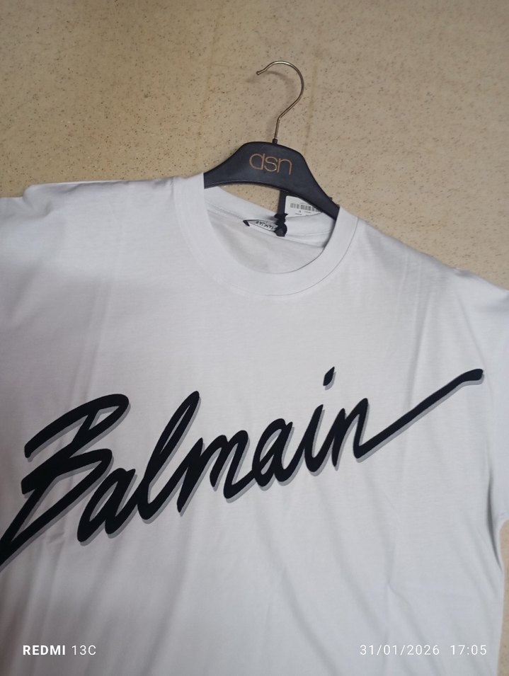 oversiz Balmain Baskılı Beyaz Erkek Tişört serili - Görsel 2