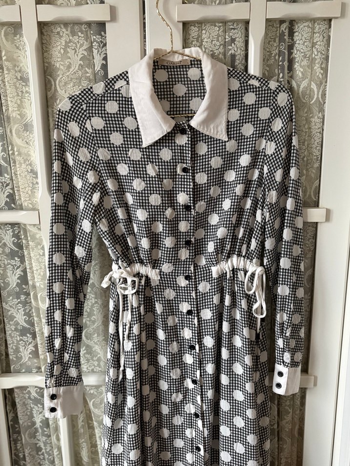 Puantiye Desenli Uzun Gri Bohem Elbise - Görsel 4