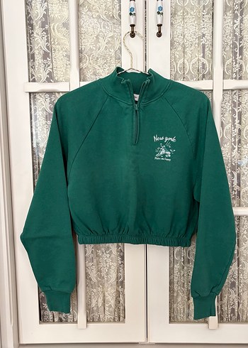 Fermuarlı Yüksek Yakalı Yeşil Crop Sweatshirt - Görsel 2