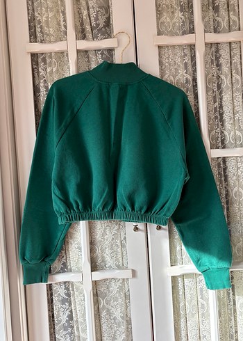 Fermuarlı Yüksek Yakalı Yeşil Crop Sweatshirt - Görsel 4