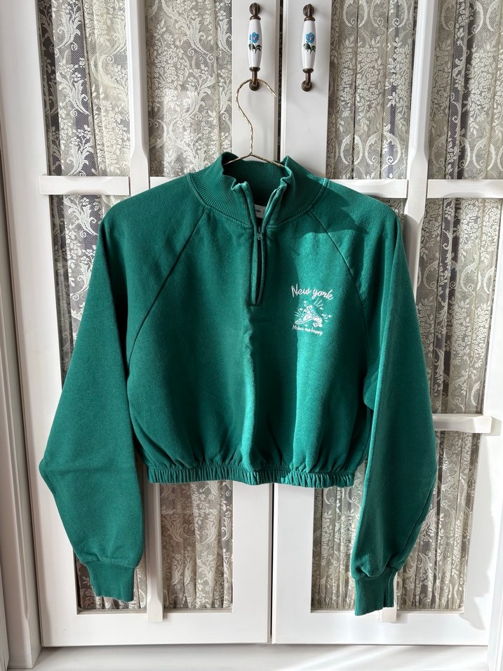 Fermuarlı Yüksek Yakalı Yeşil Crop Sweatshirt - Görsel 3