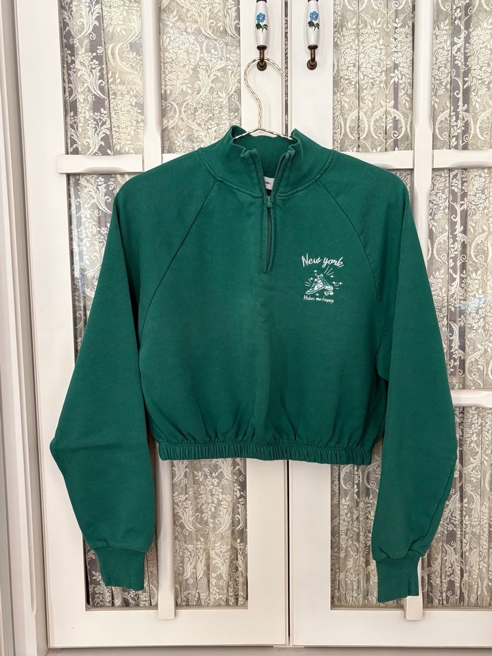 Fermuarlı Yüksek Yakalı Yeşil Crop Sweatshirt - Görsel 2