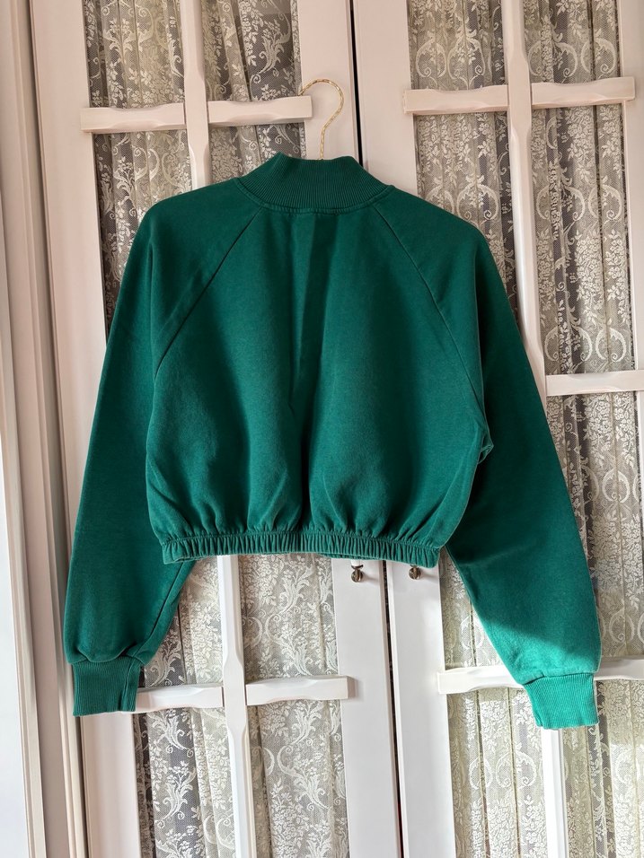 Fermuarlı Yüksek Yakalı Yeşil Crop Sweatshirt - Görsel 4