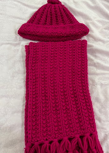 Pembe Örgü  Bere ve Atkı Seti - Görsel 2