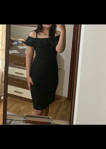 Siyah Uzun Askılı Fırfırlı Kadın Elbise - Görsel 7