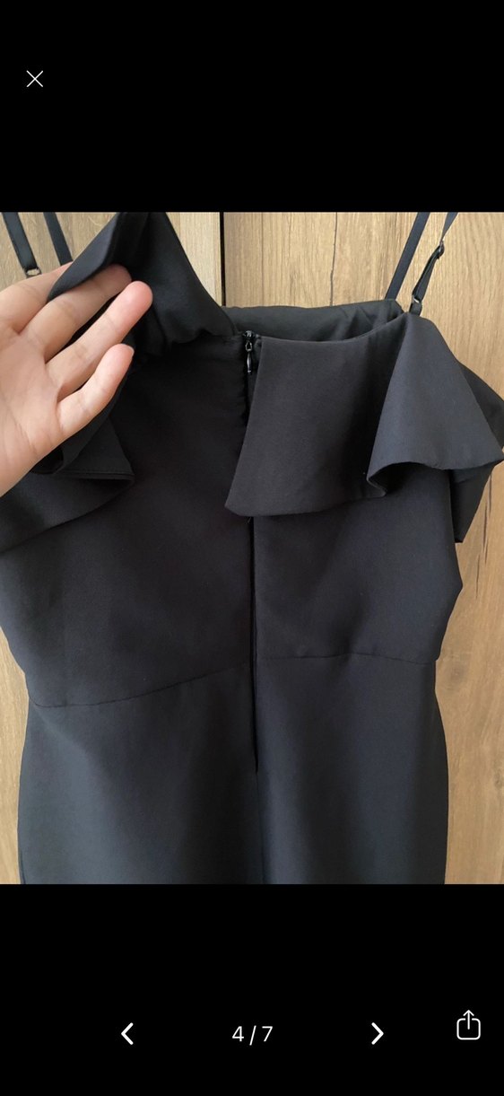 Siyah Uzun Askılı Fırfırlı Kadın Elbise - Görsel 4