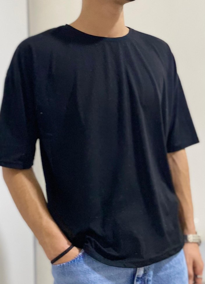 Erkek Siyah Denim Oversize Tişört - Görsel 2
