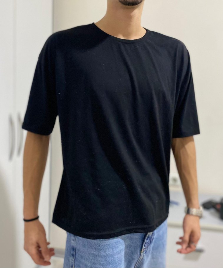 Erkek Siyah Denim Oversize Tişört - Görsel 5