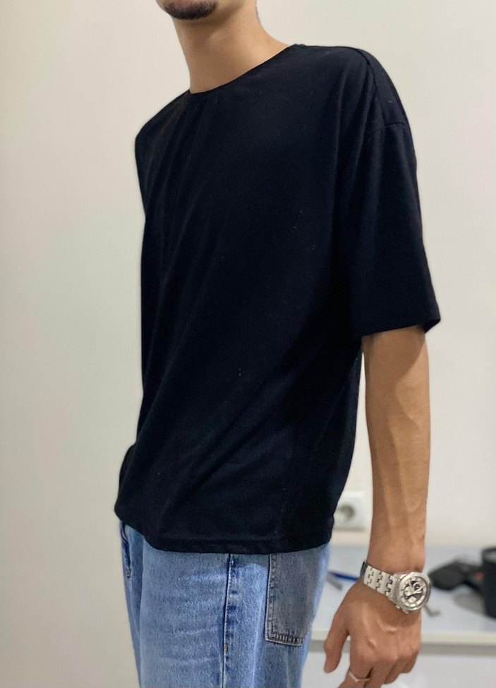 Erkek Siyah Denim Oversize Tişört - Görsel 3