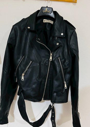 Siyah Kadın Deri Biker Ceket - Görsel 2