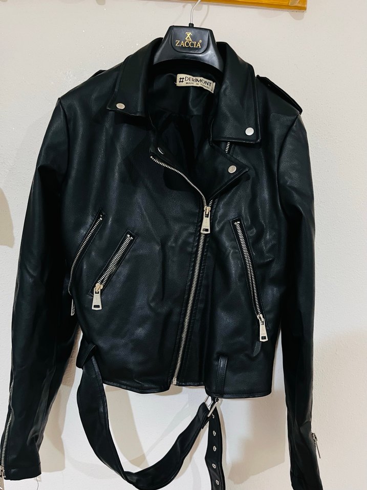 Siyah Kadın Deri Biker Ceket - Görsel 2