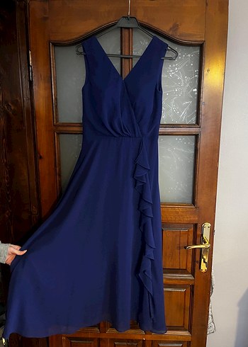 Lacivert V Yakalı Uzun Abiye Elbise - Görsel 2