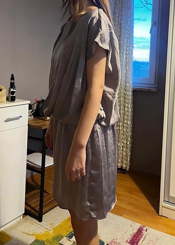 Bej Keten Salaş Midi Elbise - Görsel 2