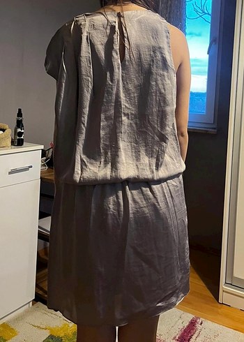 Bej Keten Salaş Midi Elbise - Görsel 3