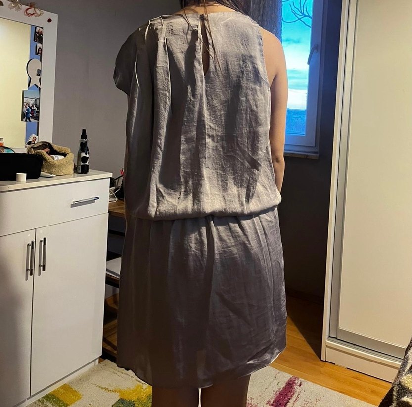 Bej Keten Salaş Midi Elbise - Görsel 3