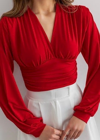 Kırmızı V Yaka Drapeli Kadın Bluz - Görsel 3
