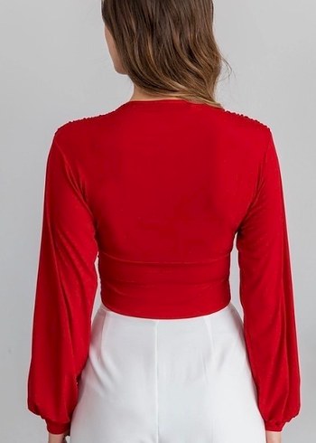 Kırmızı V Yaka Drapeli Kadın Bluz - Görsel 2